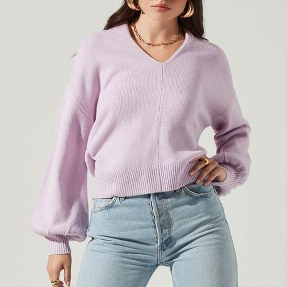 ASTR The Label Lilac Chucky Kit Cut Out Back Balloon Sleeve Sweater Womens Large - Picture 1 of 10